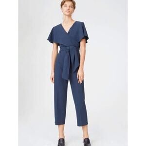 Club Monaco Catalenah Ruffle Tie Waist Jumpsuit Flutter Sleeve Navy Blue